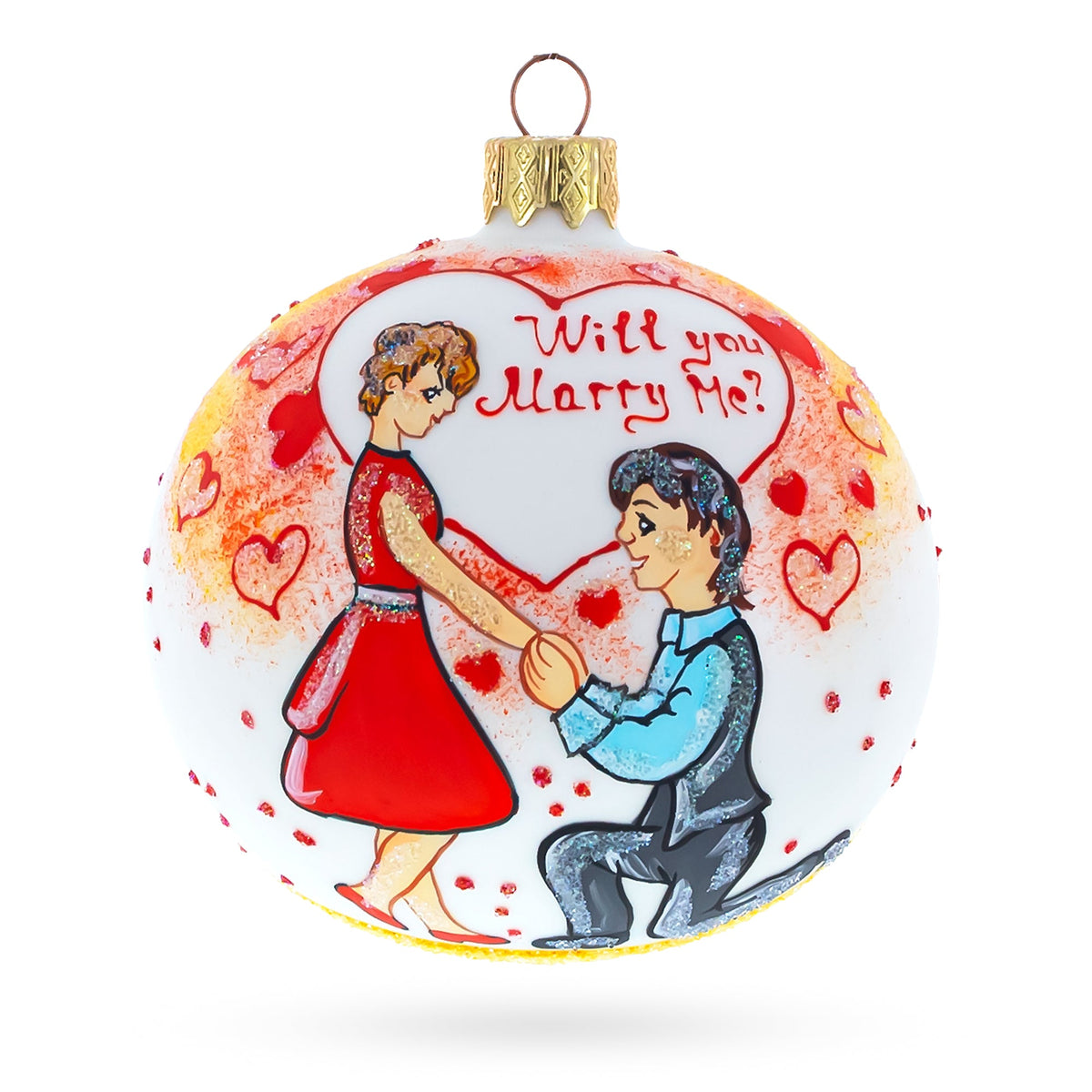 Proposal 'Will You Marry Me?' Glass Ball Christmas Ornament 4 Inches
