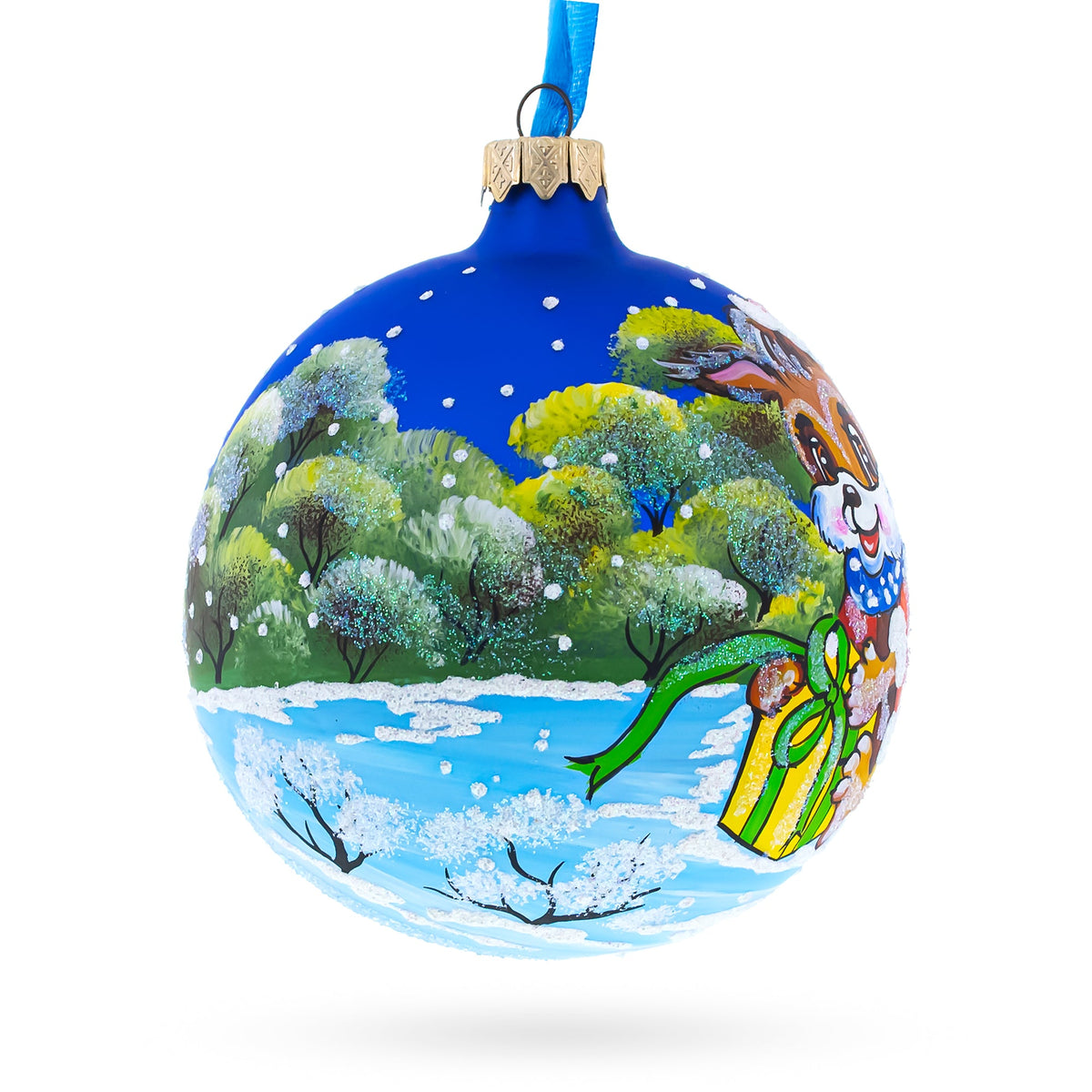 Puppy Unwrapping a Surprise Glass Ball Christmas Ornament 4 Inches