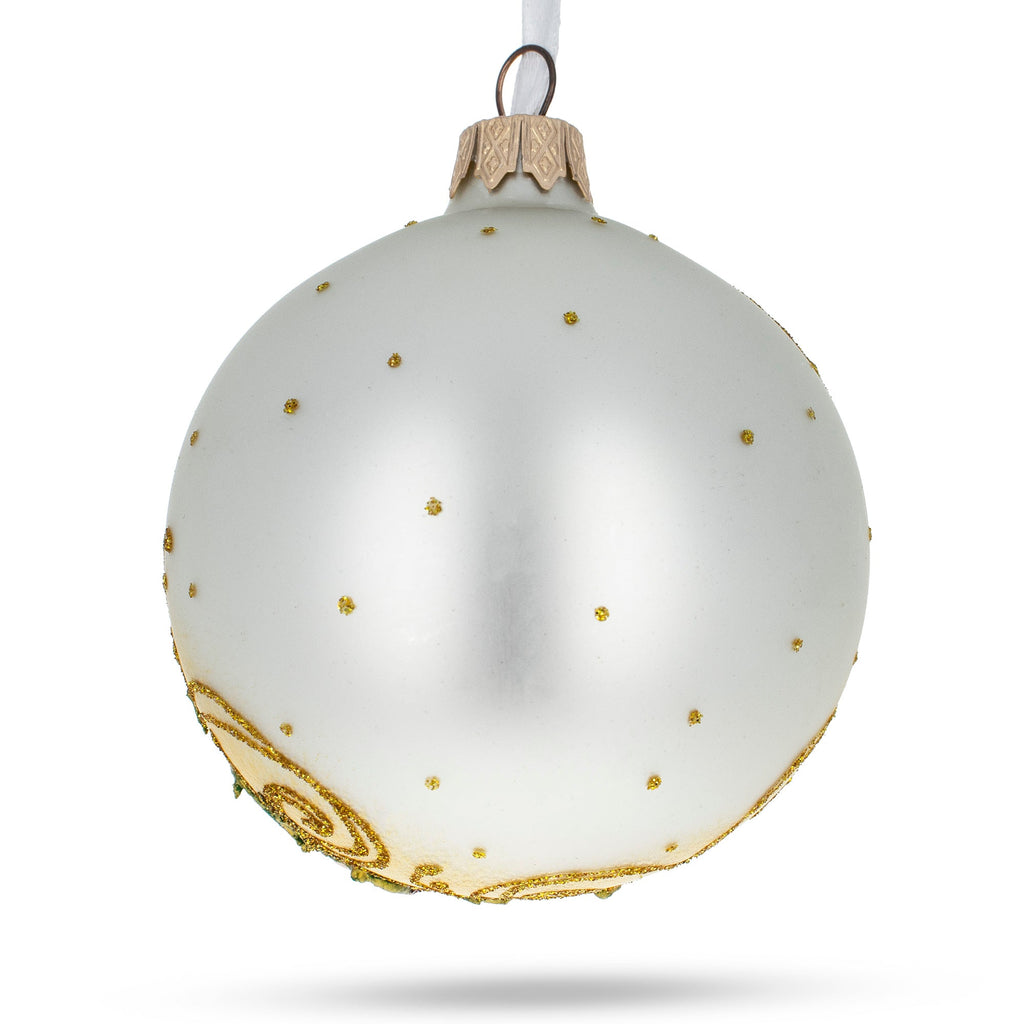 Embossed Roses Bouquet on Pristine White Glass Ball Christmas Ornament 3.25 Inches