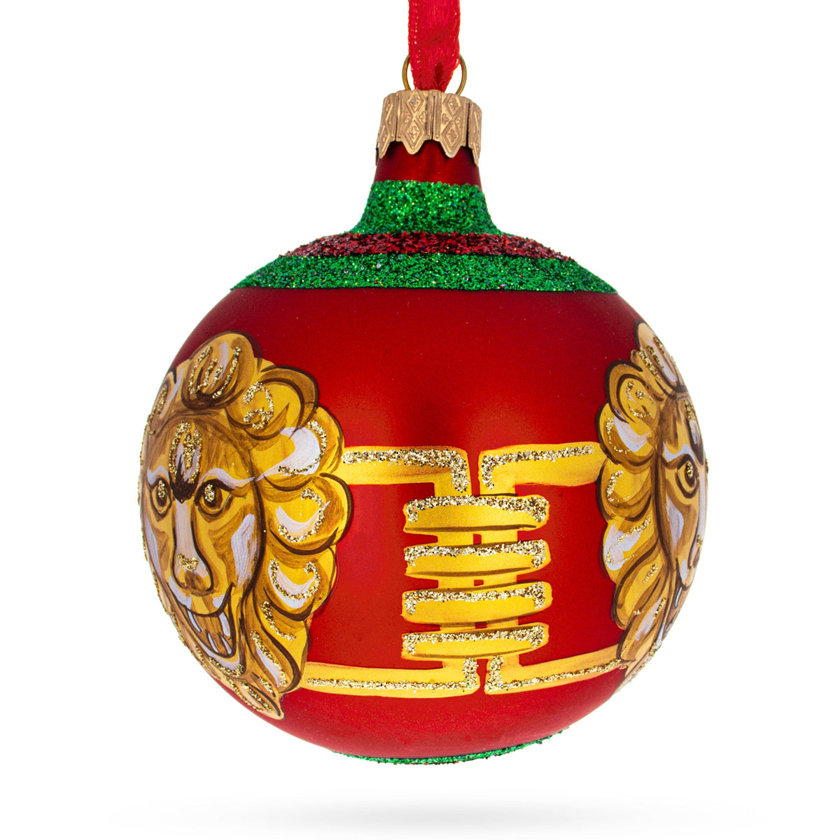 Lion-Head Design Glass Ball Christmas Ornament by Florence Designer 3.25 Inches
