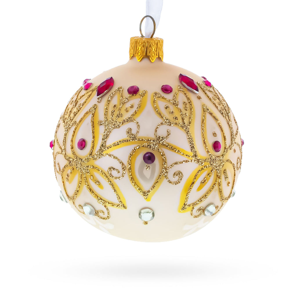 Gilded Golden Leaves Glass Ball Christmas Ornament 3.25 Inches