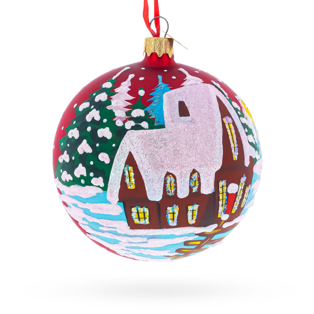Rooster in the Winter Village Glass Ball Christmas Ornament 4 Inches