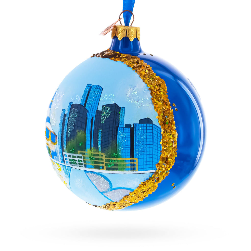 Detroit Riverfront, Detroit, Michigan Glass Ball Christmas Ornament 4 Inches