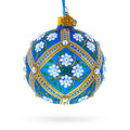 White Flowers on Blue Glass Ball Christmas Ornament 3.25 Inches