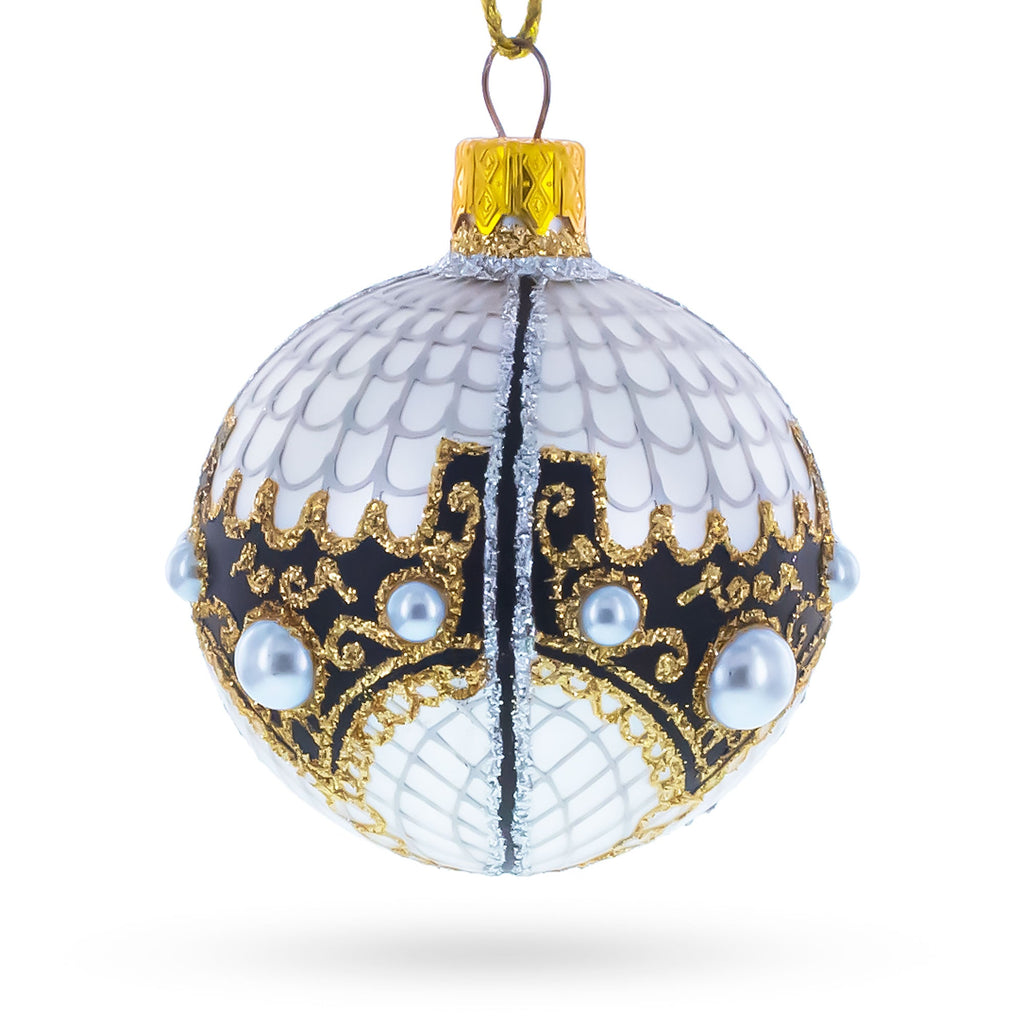 Mother Of Pearl on Gold Filigree Glass Ball Christmas Ornament 2.4 Inches
