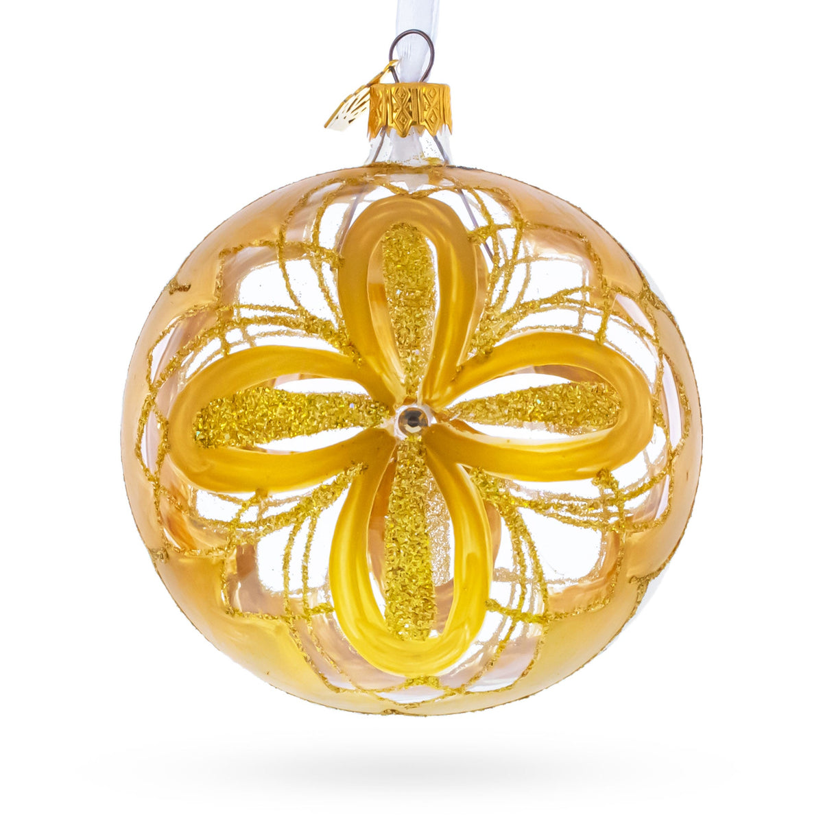 Radiant Gold Starburst Pattern Glass Ball Christmas Ornament 4 Inches