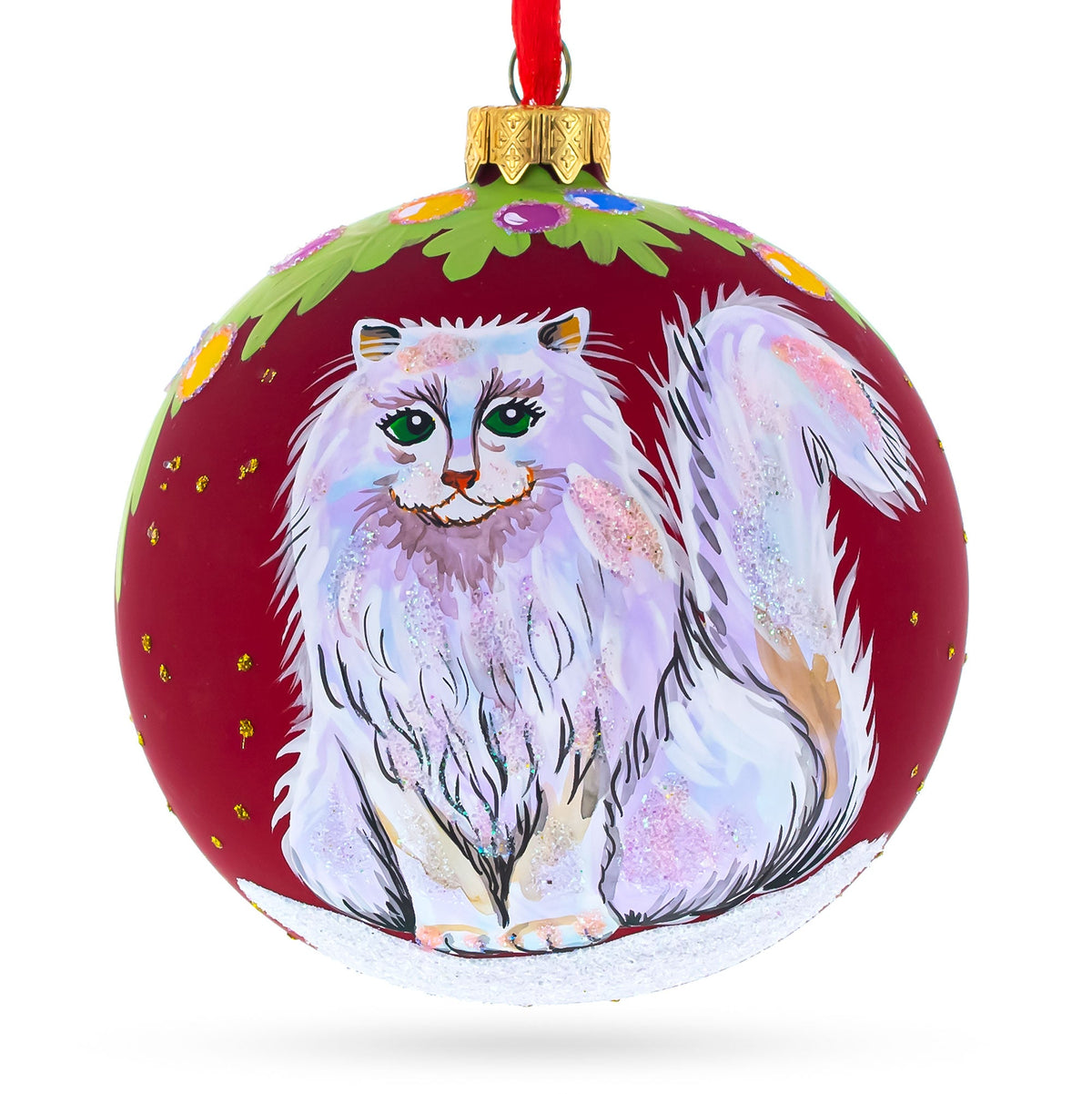 Fluffy White Persian Cat Glass Ball Christmas Ornament 4 Inches