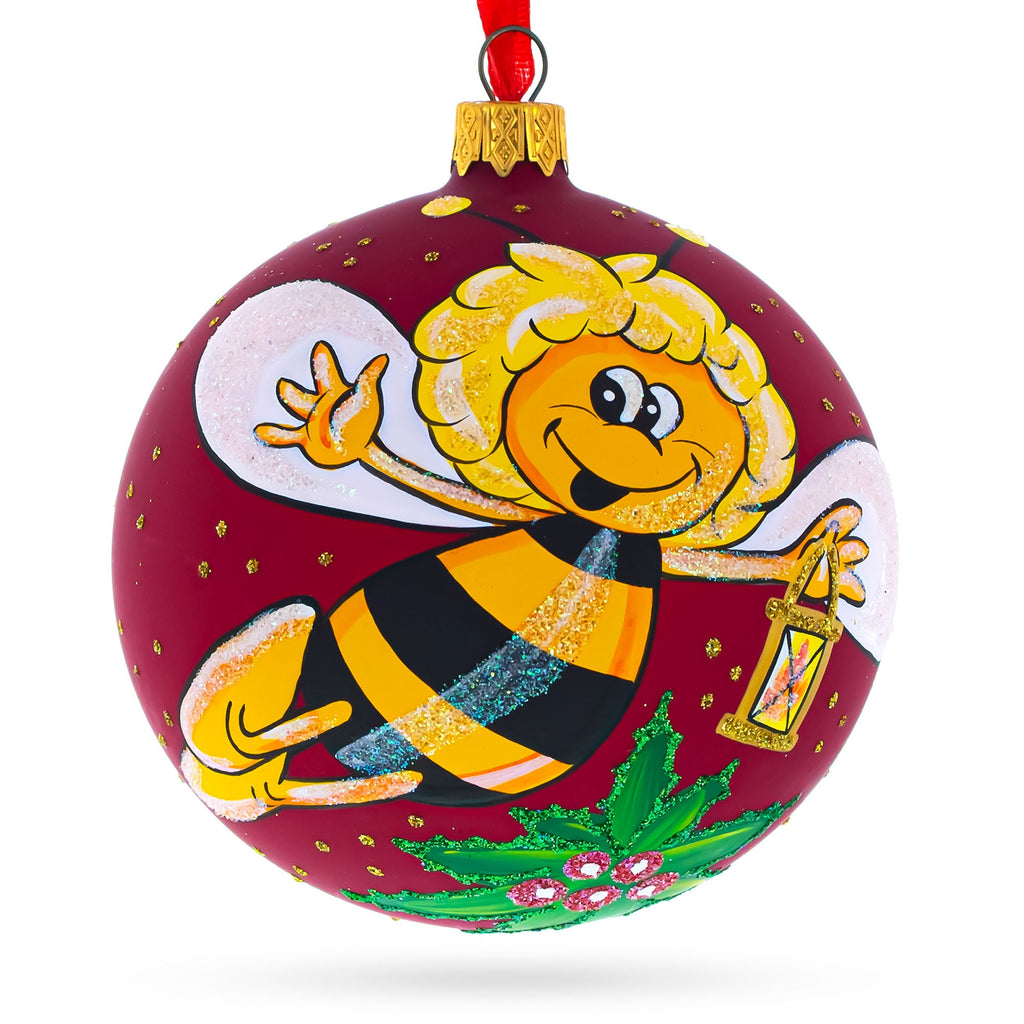 Buzzing Bee in Flight Collecting Honey Glass Ball Christmas Ornament 3.25 Inches