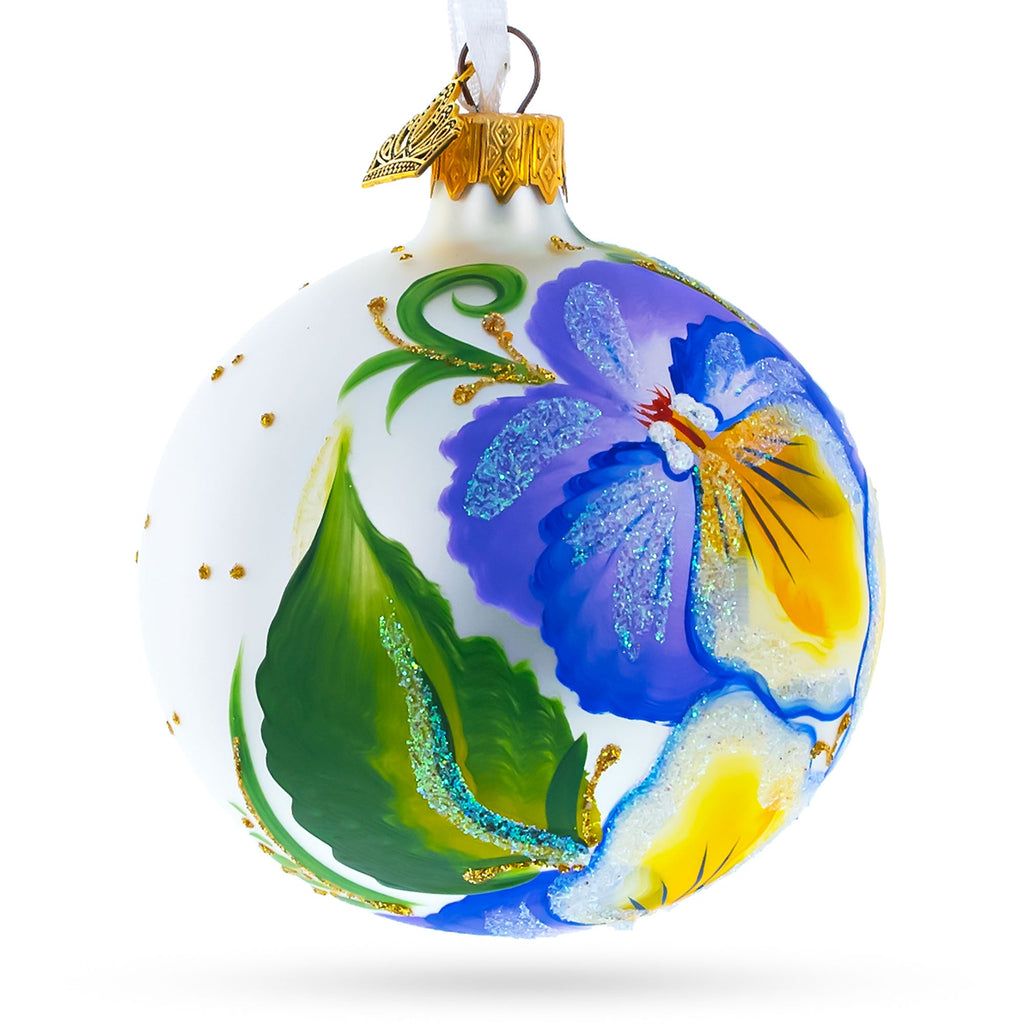 Purple Pansy Flowers Glass Christmas Ornament 3.25 Inches