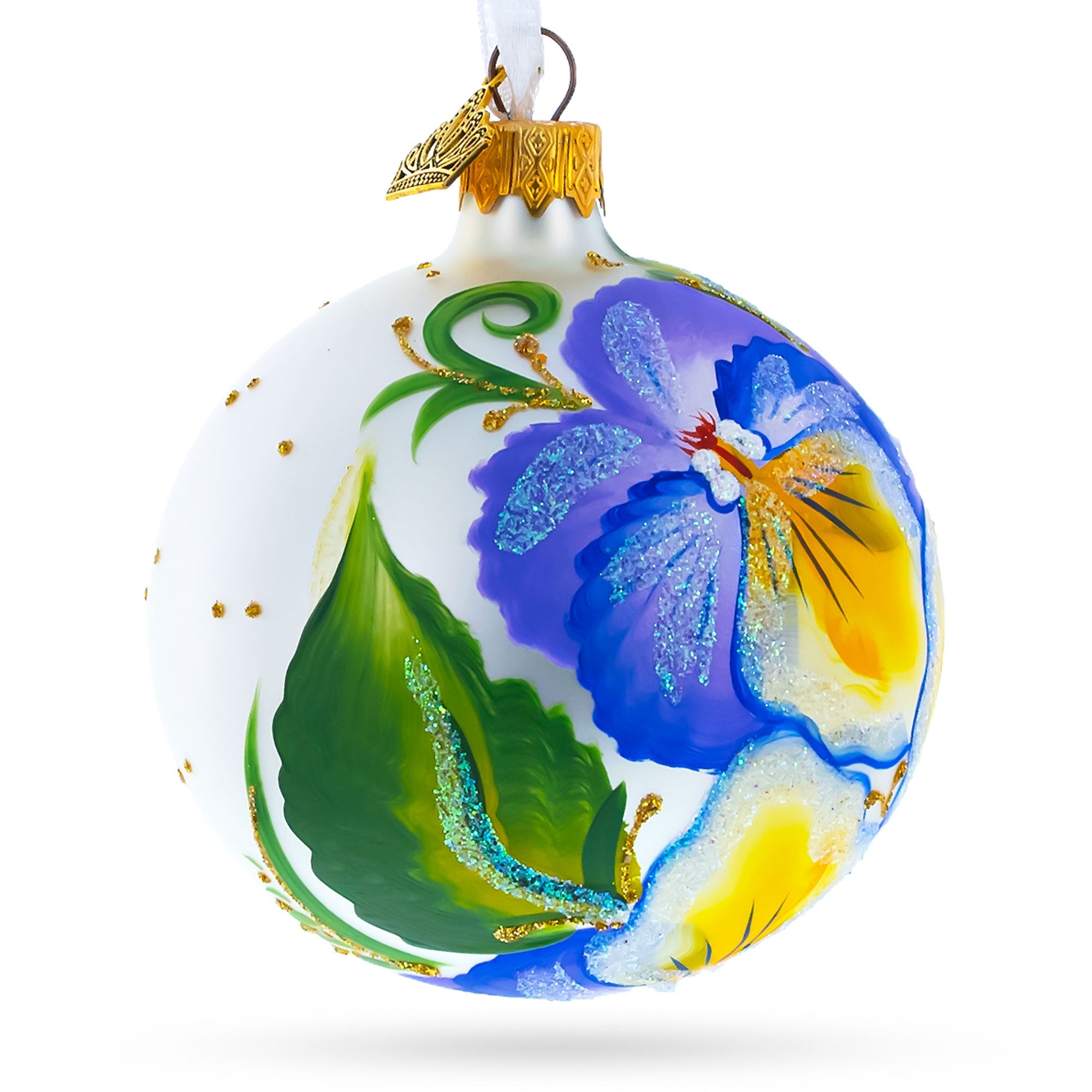 Purple Pansy Flowers Glass Christmas Ornament 3.25 Inches