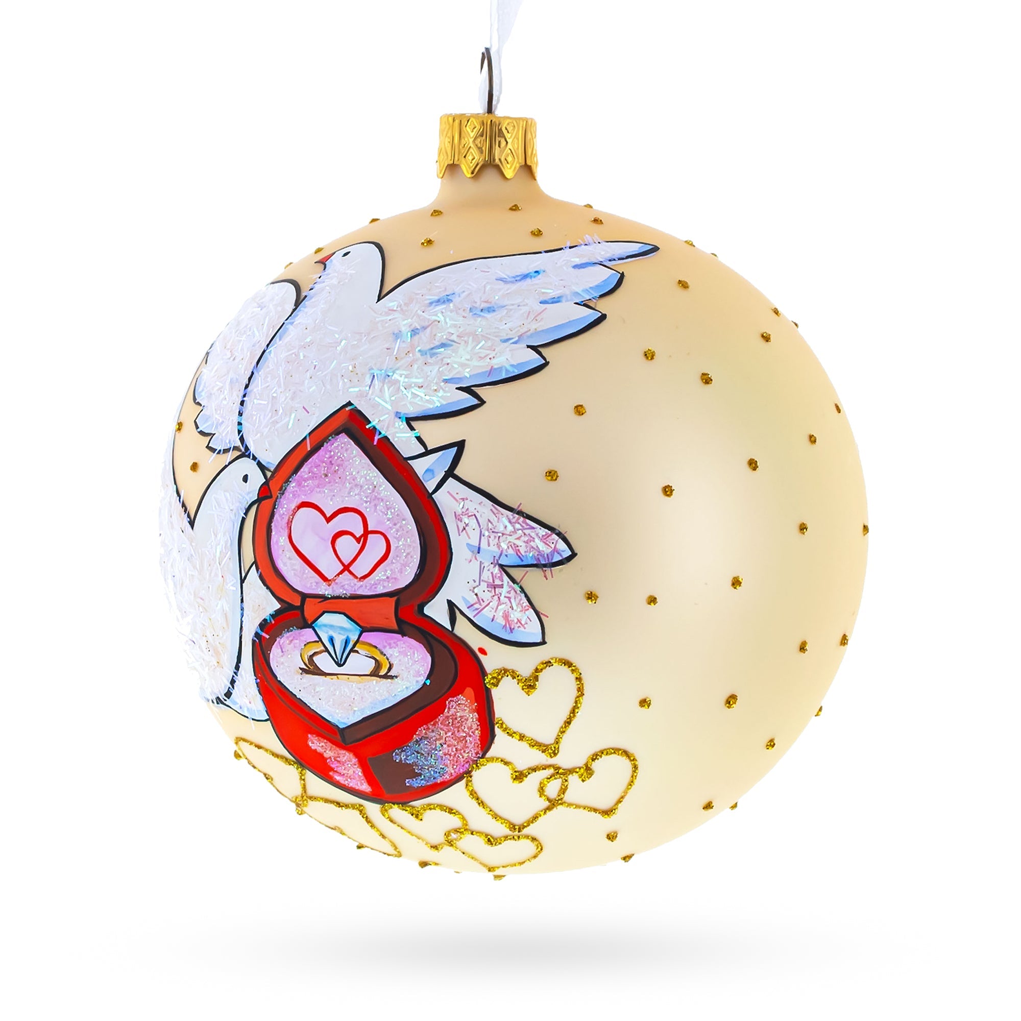 Doves and Wedding Ring Glass Ball Christmas Ornament 4 Inches