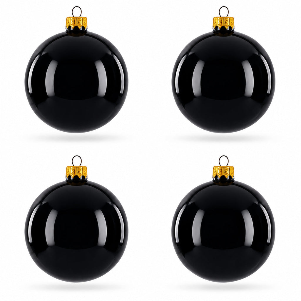 Set of 4 Glossy Black Glass Ball Christmas Ornaments 4 Inches