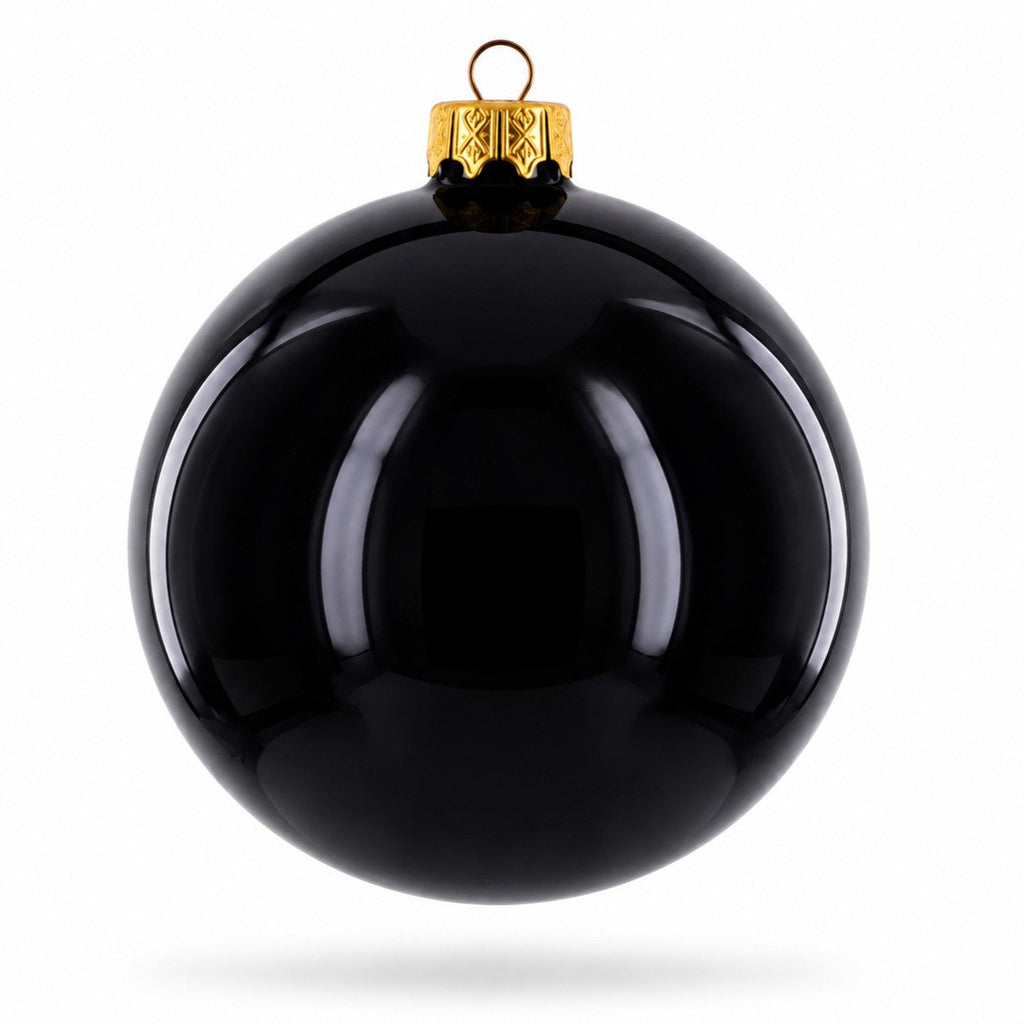 Set of 4 Glossy Black Glass Ball Christmas Ornaments 4 Inches