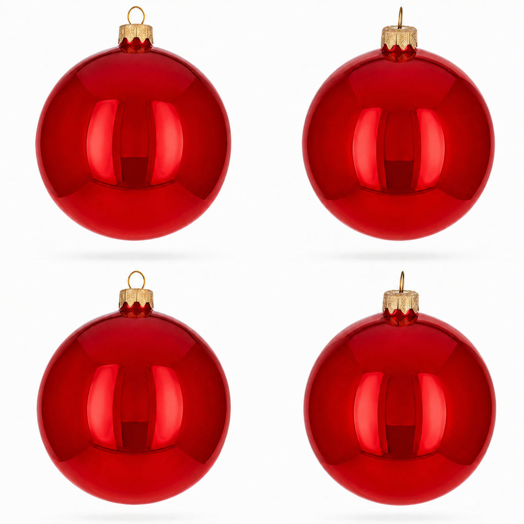 Set of 4 Glossy Red Glass Ball Christmas Ornaments 4 Inches