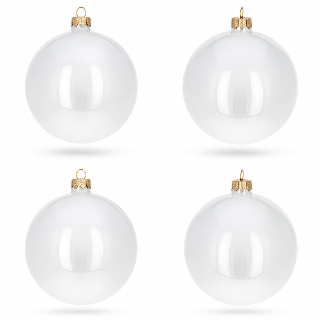 Set of 4 Glossy White Glass Ball Christmas Ornaments 4 Inches