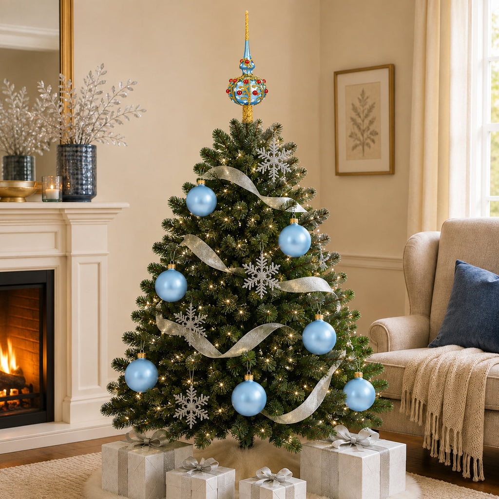 Set Of 4 Light Matte Blue Glass Ball Christmas Ornaments 4 Inches