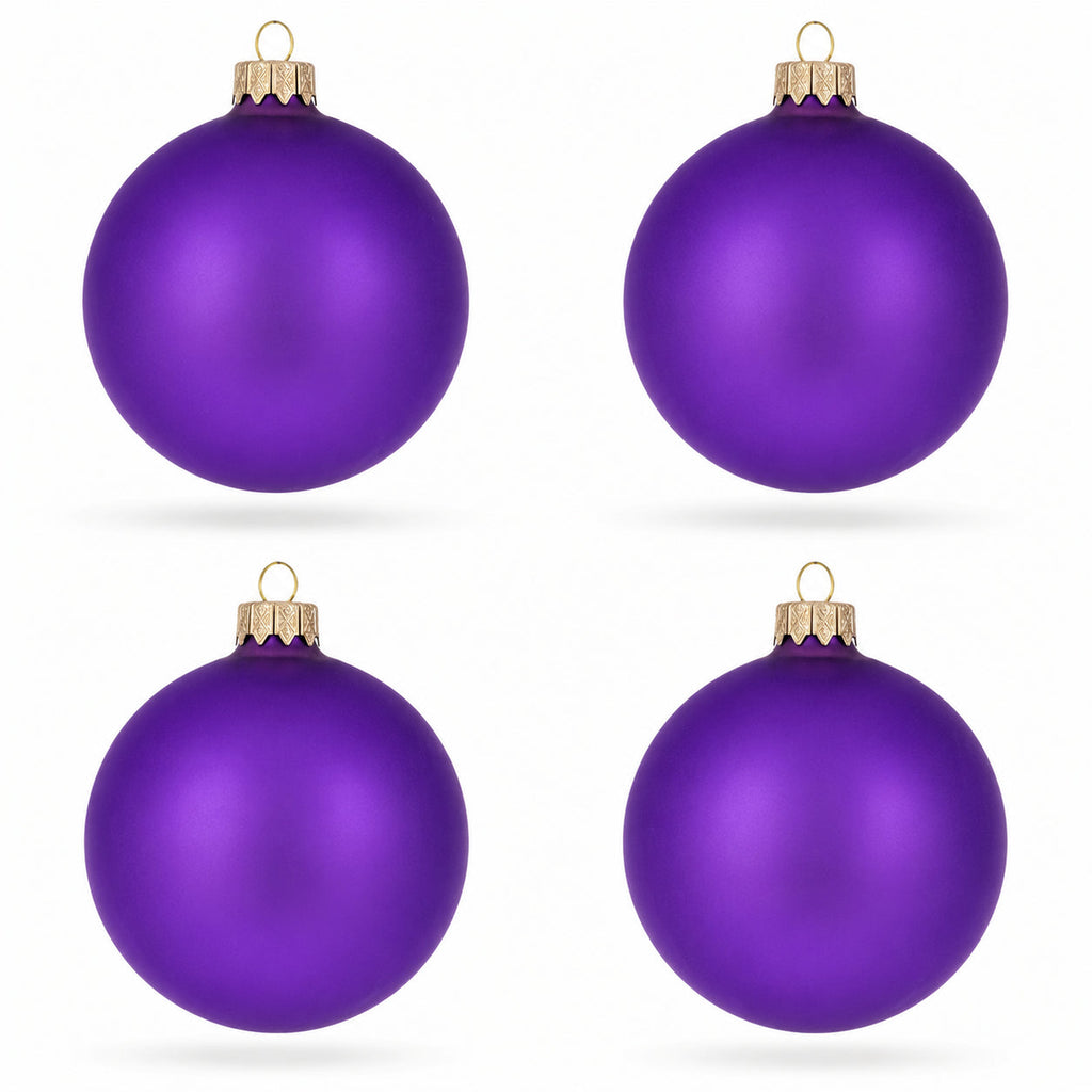 Set of 4 Matte Purple Glass Ball Christmas Ornaments 4 Inches