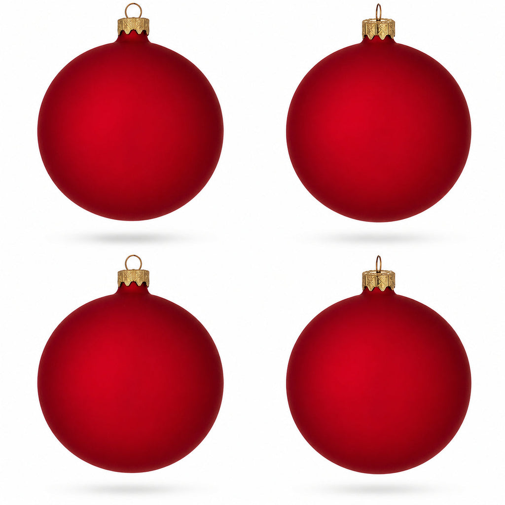 Set of 4 Red Matte Glass Ball Christmas Ornaments 4 Inches