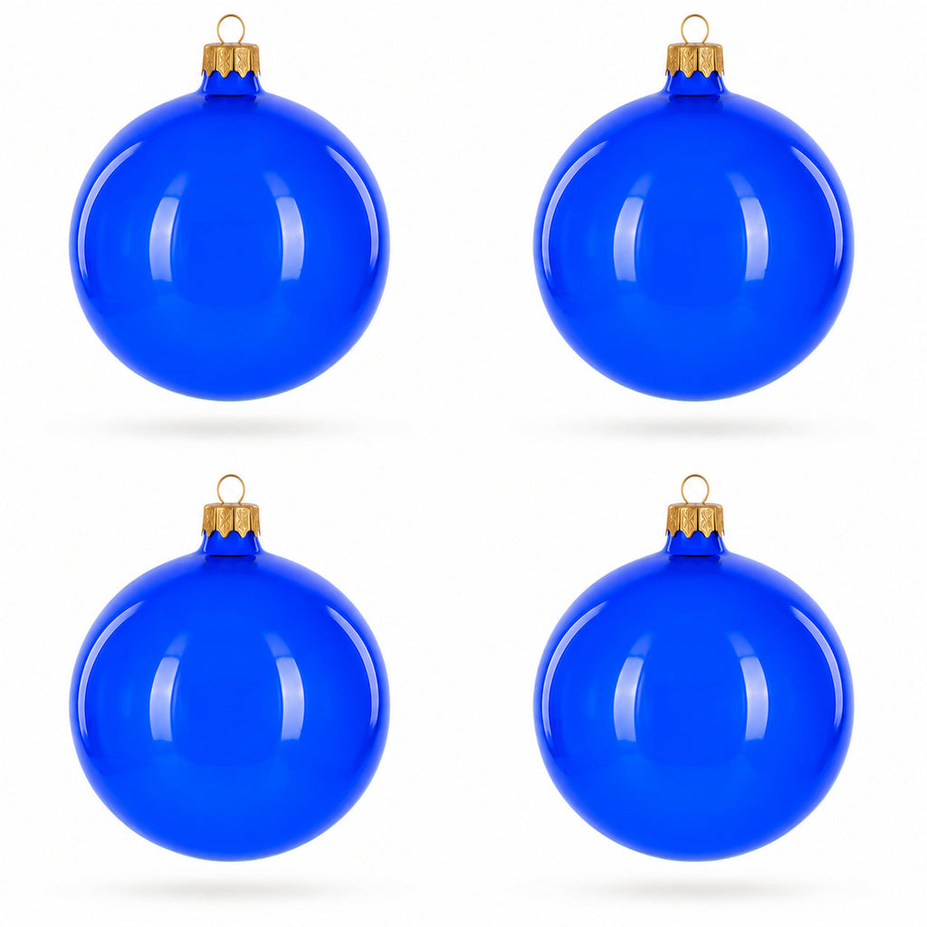 Set of 4 Translucent Glossy Blue Glass Ball Christmas Ornaments 4 Inches