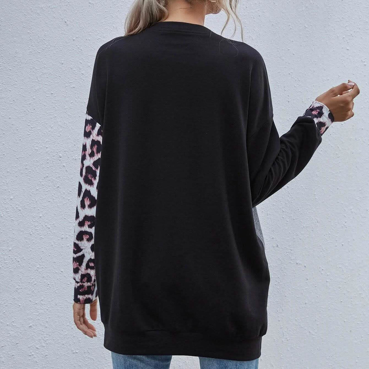 Leopard Print Colorblock Drop Shoulder Sweatshirt