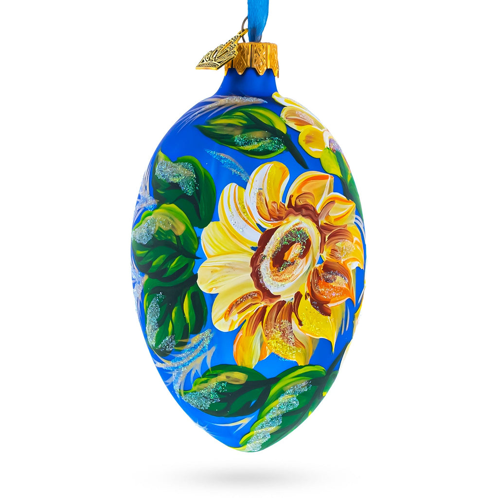 Sunflowers on Blue Glass Egg Ornament 4 Inches