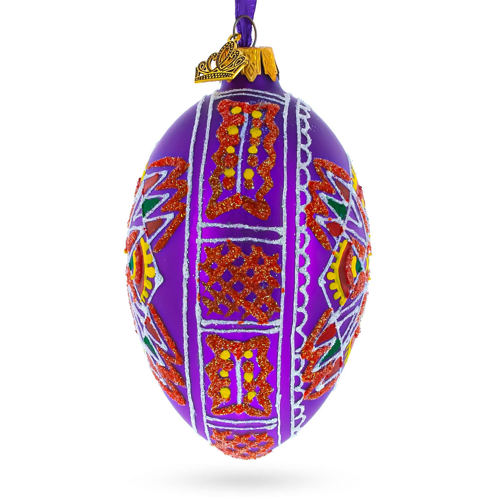 Purple Geometric Ukrainian Egg Glass Christmas Ornament 4 Inches