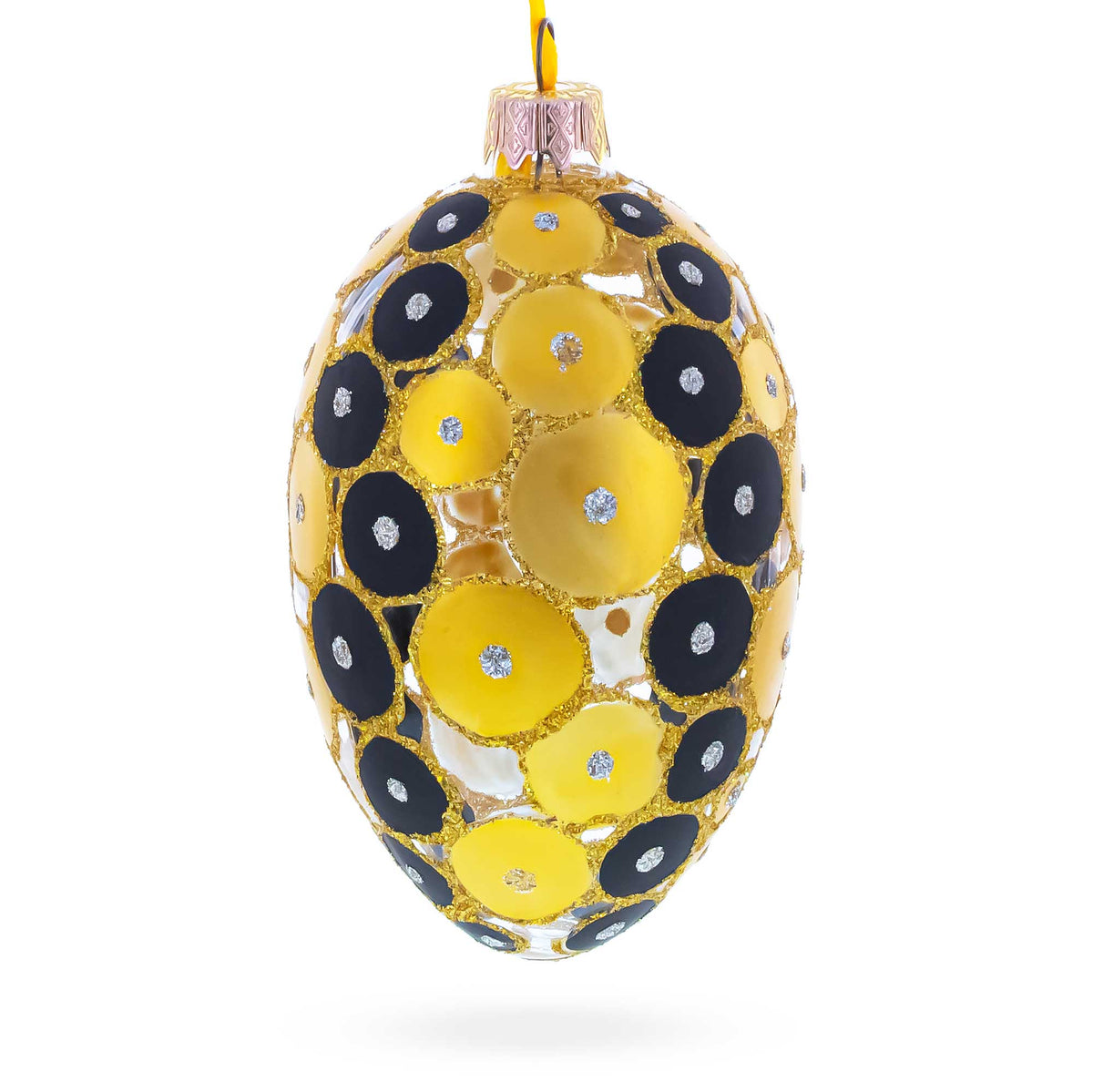 Gold and Black Circles Glass Egg Christmas Ornament 4 Inches