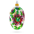 Red Flowers On White Glass Egg Ornament 4 Inches