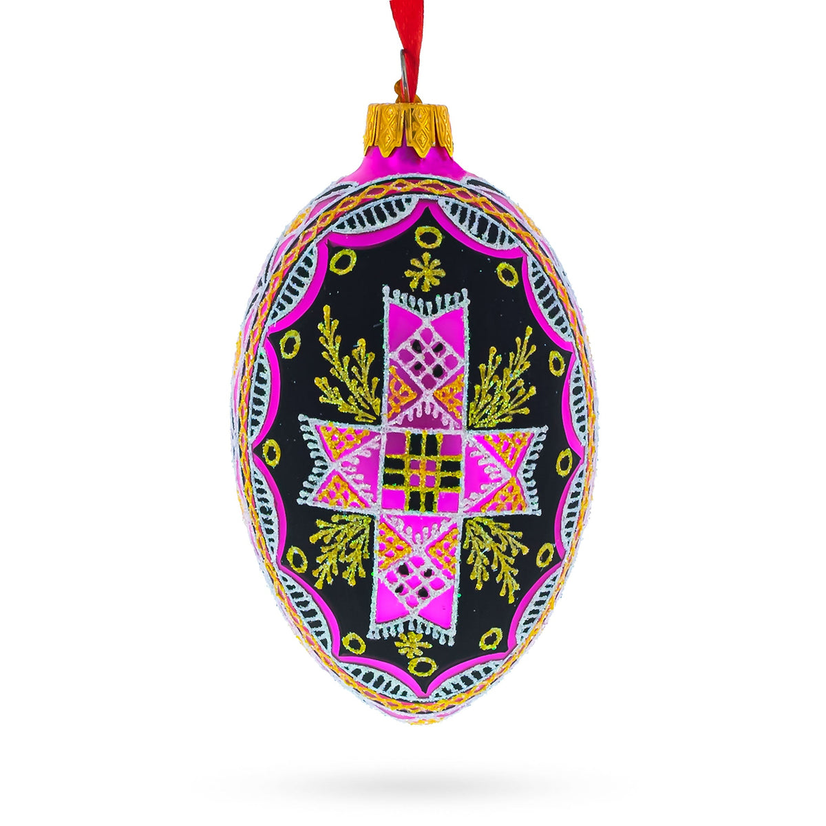 Cross Ukrainian Glass Egg Ornament 4 Inches