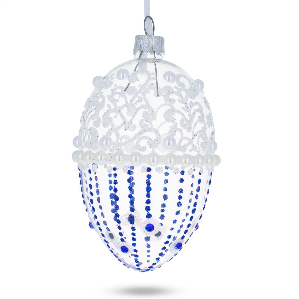 Pearls on Frosted Glass Egg Ornament 4 Inches