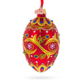 Blue Jewels On Red Glass Egg Ornament 4 Inches
