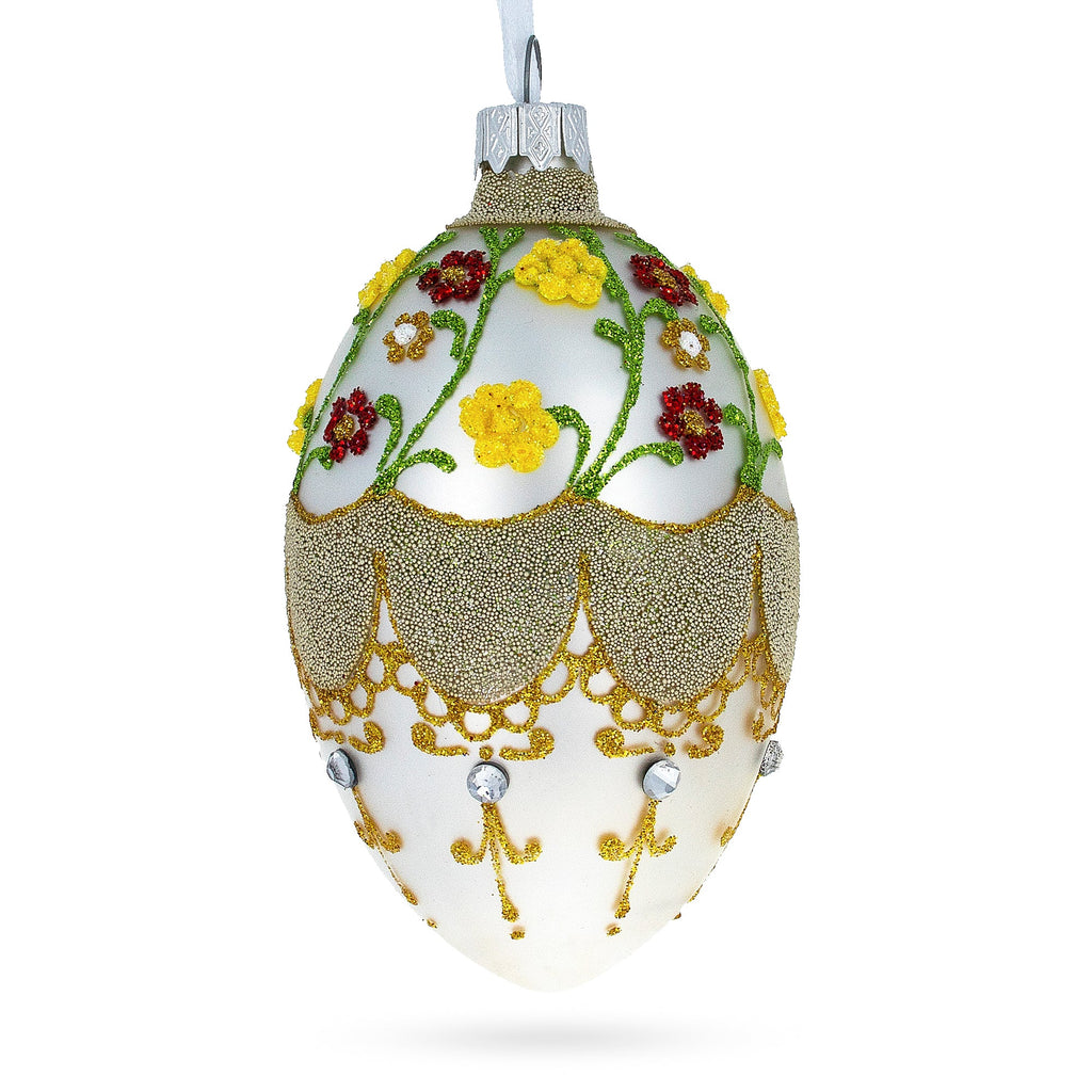 Multicolor Flowers On White Glass Egg Ornament 4 Inches