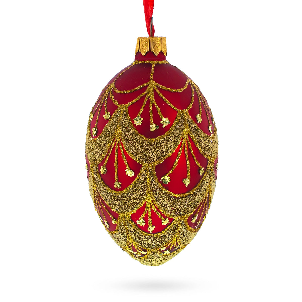 White Trellis On Red Egg Glass Ornament 4 Inches