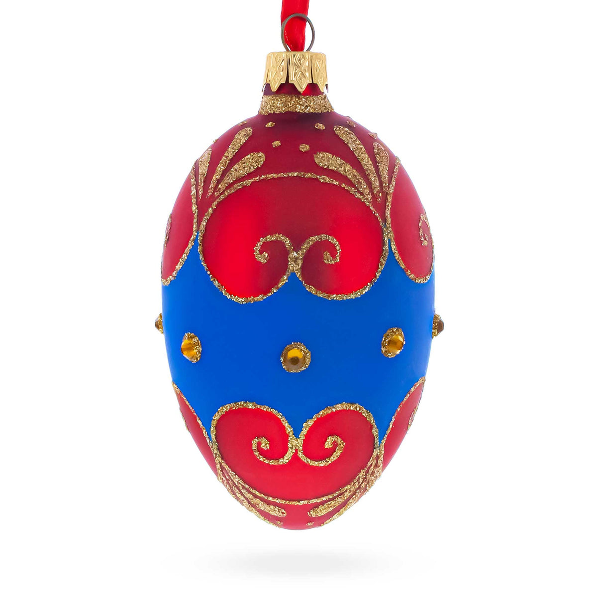 Red and Blue Jeweled Egg Glass Ornament 4 Inches