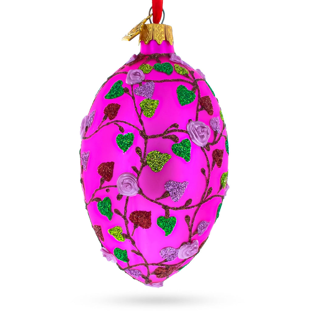 Vibrant Pink Heart Vines with 3D Roses Glass Egg Christmas Ornament 4 Inches