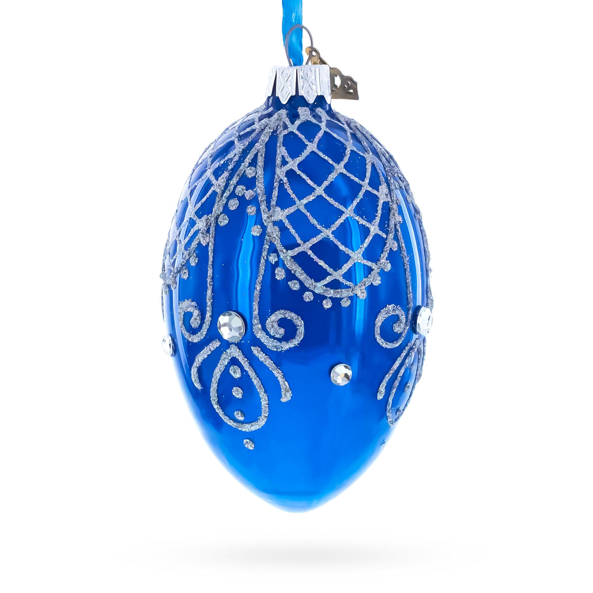 Jeweled Blue Glossy Royal Inspired Glass Egg Ornament 4 Inches