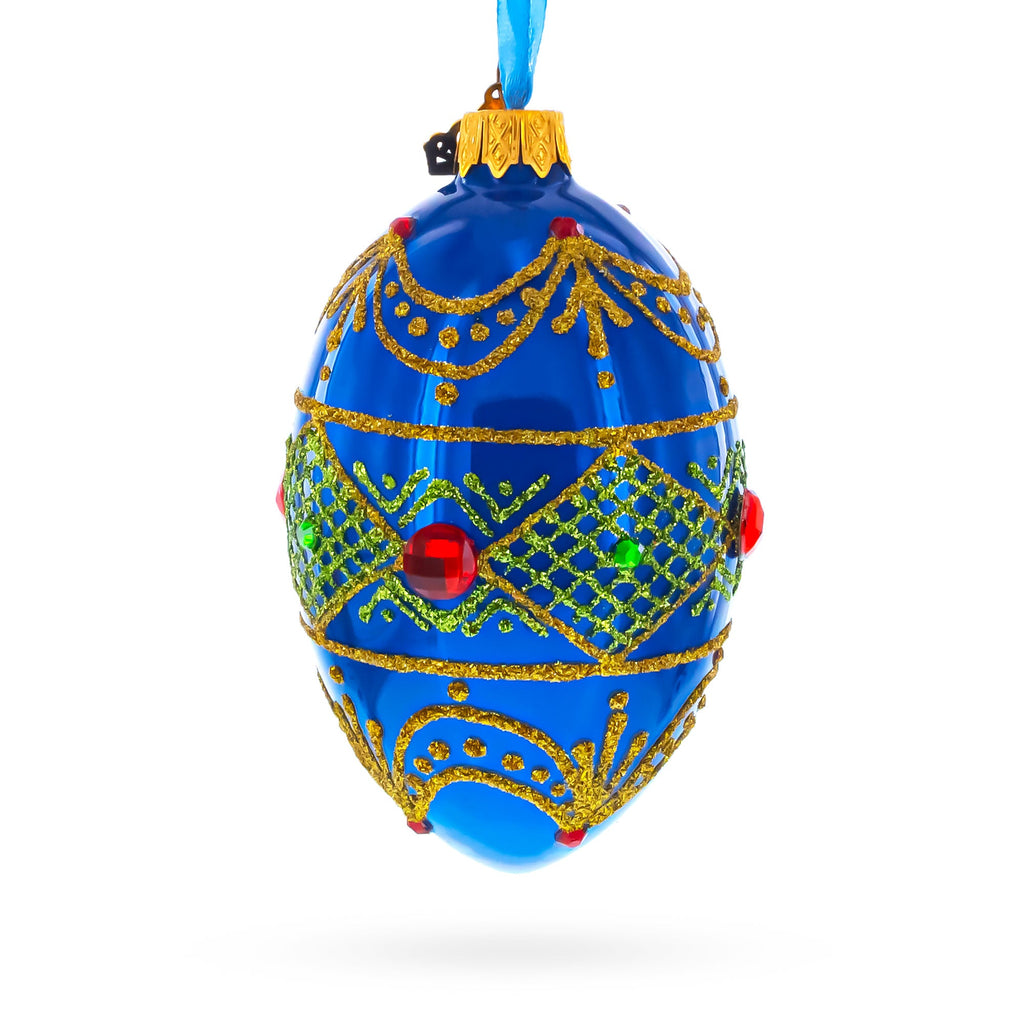 Jeweled Red on Blue Glass Egg Ornament 4 Inches