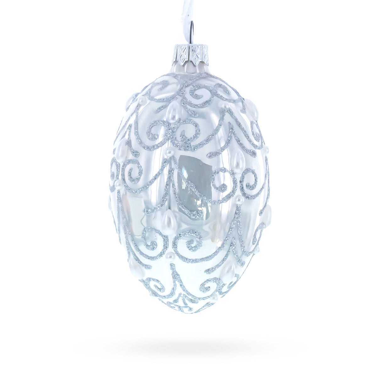 Jeweled Beads on Glossy White Glass Egg Ornament 4 Inches