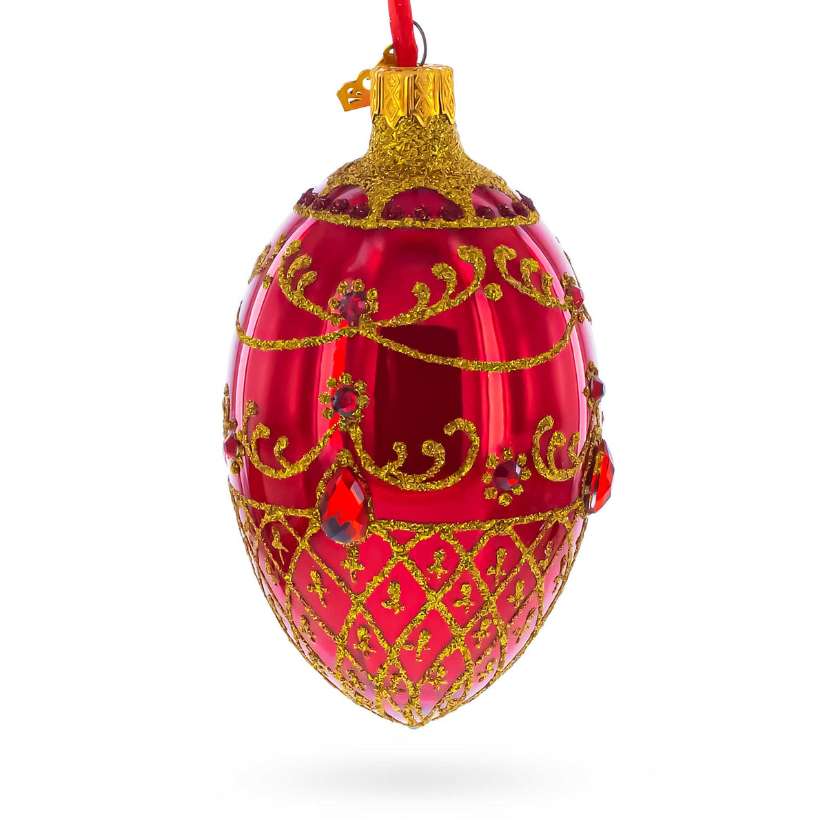 Red Jewels on Glossy Red Glass Egg Ornament 4 Inches