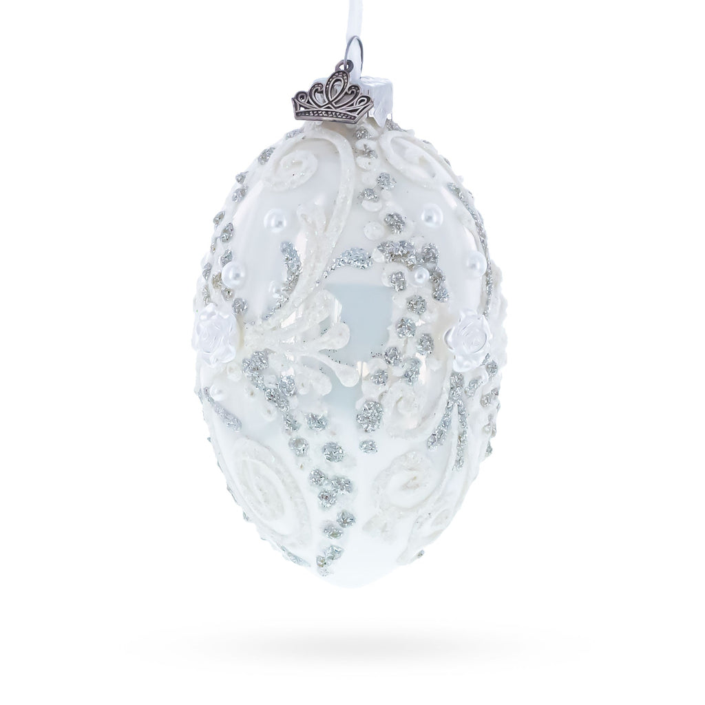 Silver Glitter Scrolls, Pearls & Rose Accents Winter Elegance Glass Egg Ornament 4 Inches