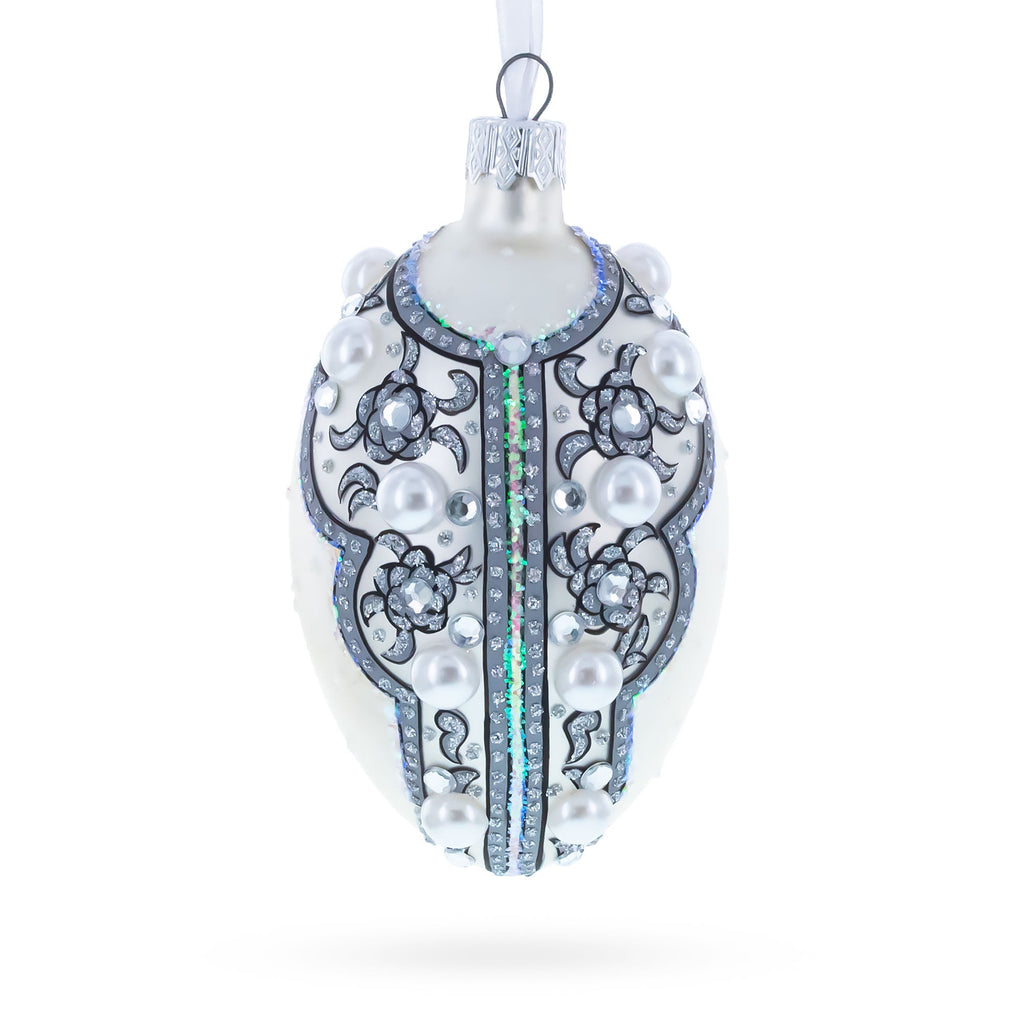 French Couturier Pearls on White Pendant Necklace Glass Egg Christmas Ornament 4 Inches