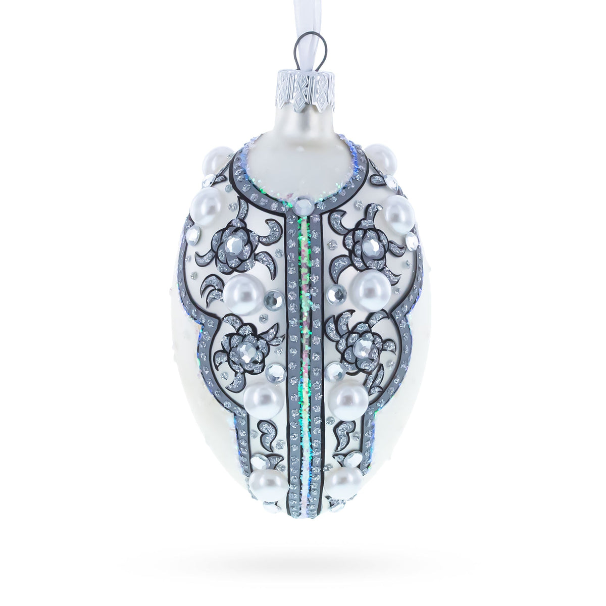 French Couturier Pearls on White Pendant Necklace Glass Egg Christmas Ornament 4 Inches