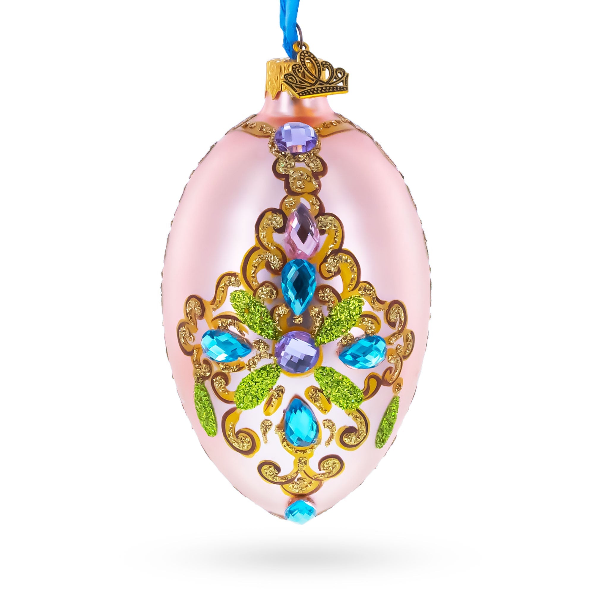Italian Fashion House Jeweled Cross Glass Egg Christmas Ornament 4 Inches