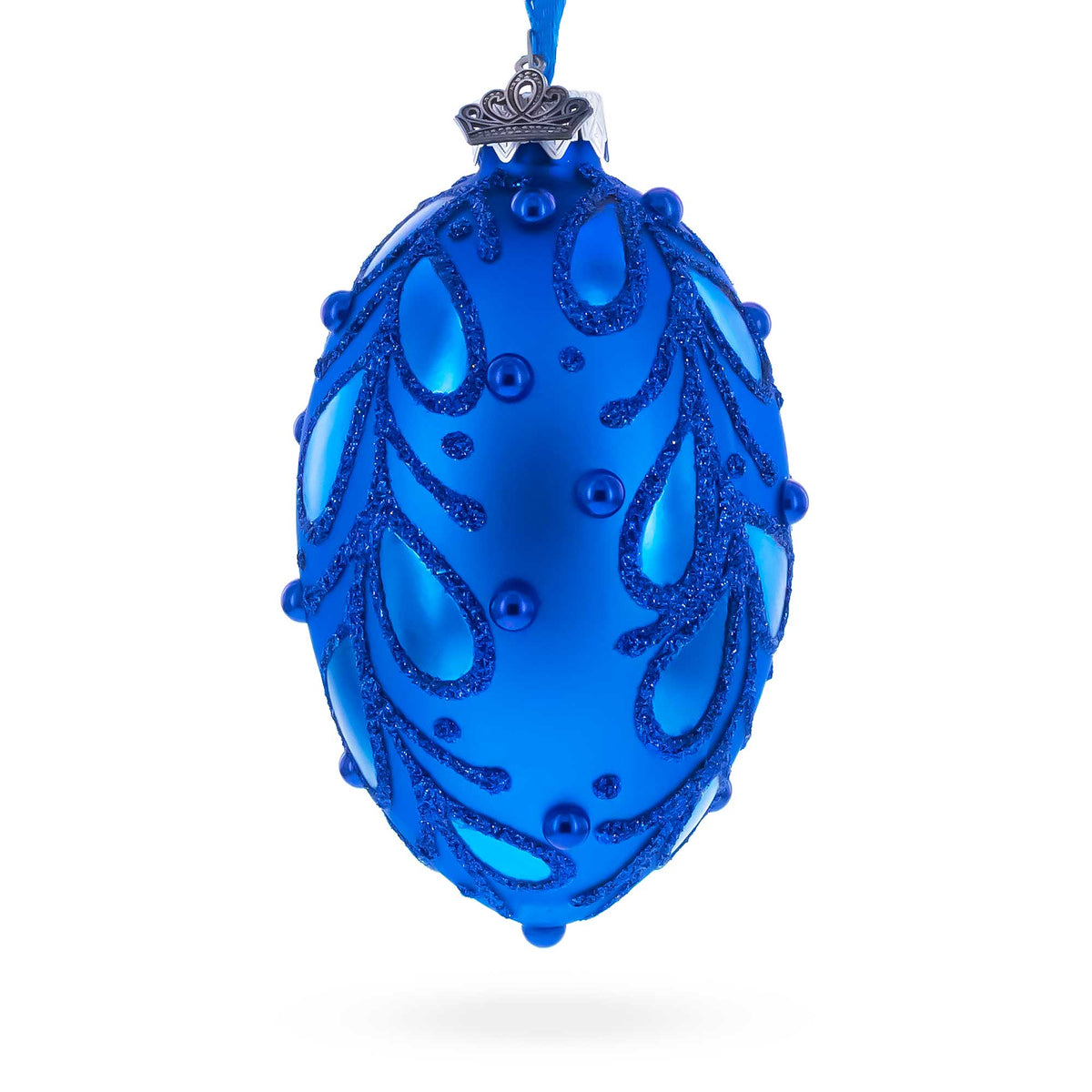 Bejeweled Scroll on Blue Glass Egg Christmas Ornament 4 Inches