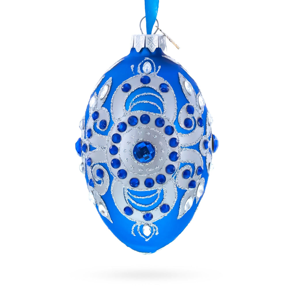 Silver on Blue Glass Egg Christmas Ornament 4 Inches