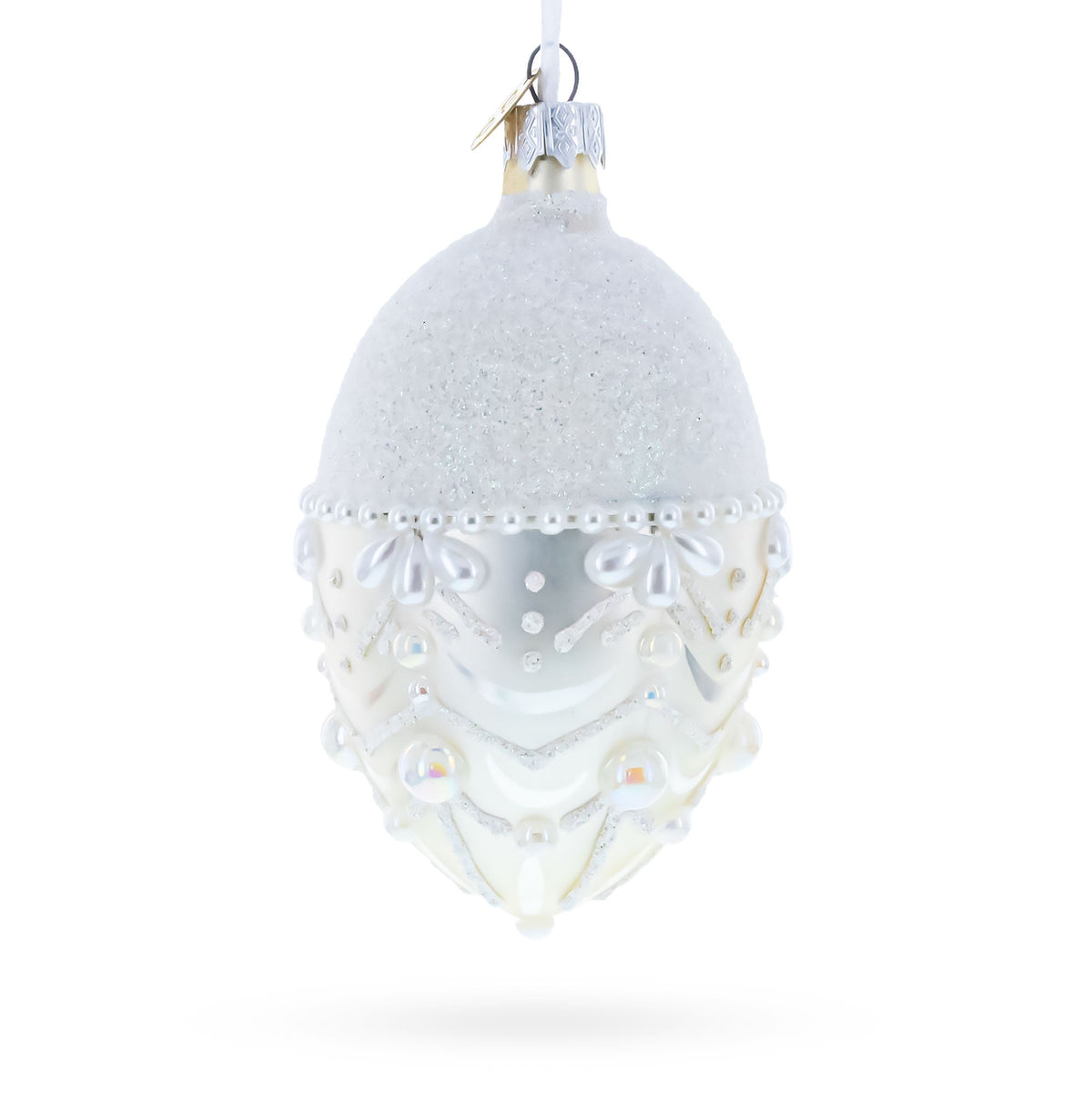 White Pearls on Frozen Glass Egg Christmas Ornament 4 Inches