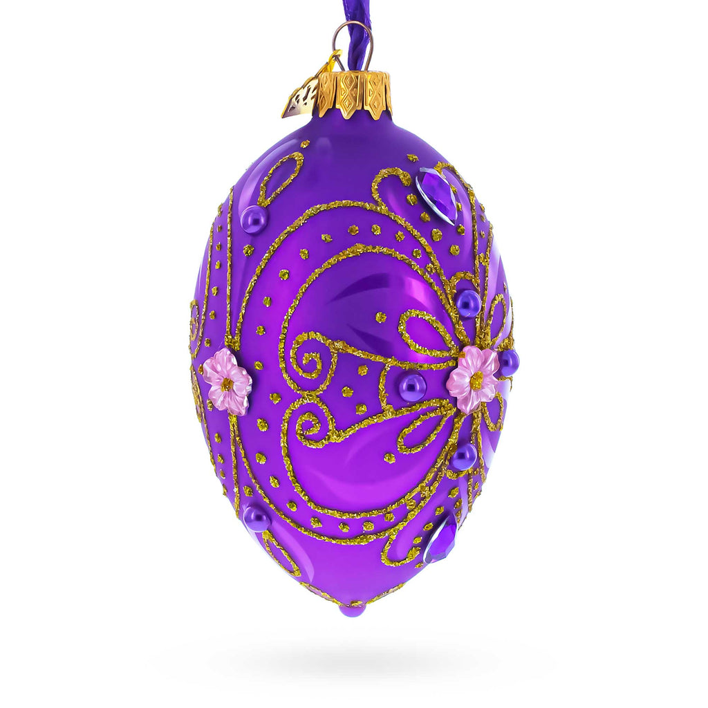 Royal Purple and Gold Glitter Scrollwork & Gem Accents Glass Egg Christmas Ornament 4 Inches