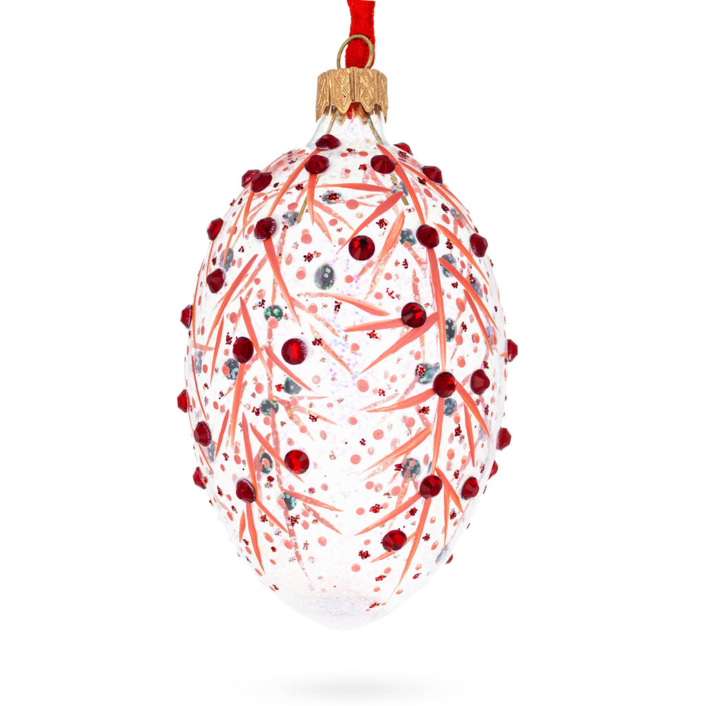 Red Branches Glass Egg Christmas Ornament 4 Inches