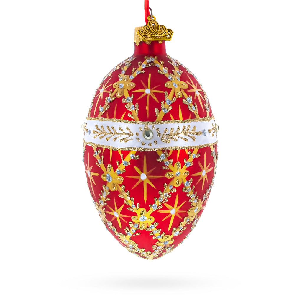 Diamond Trellis on Red Glass Egg Christmas Ornament 4 Inches