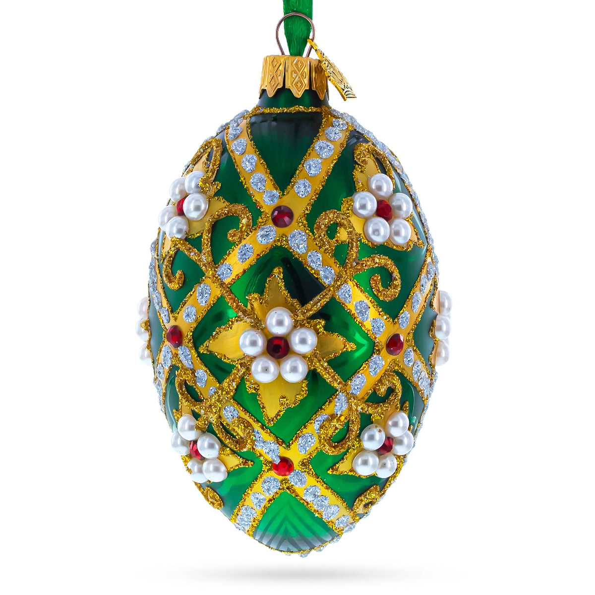 Jewels on Green Glass Egg Christmas Ornament 4 Inches